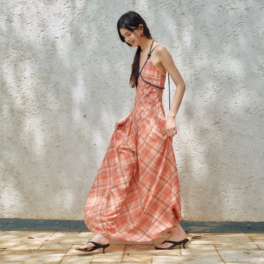 V-neck color-blocked beaded halter-neck belted dress