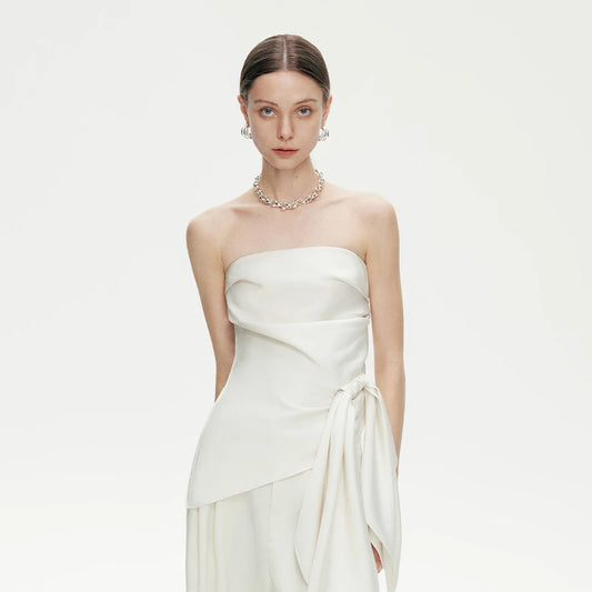 High-end and beautiful solid color satin slimming strapless top + elegant trousers